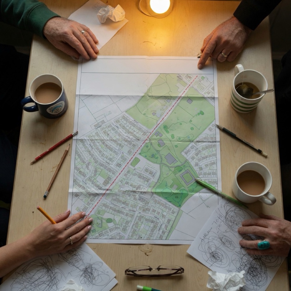 Panel volunteers around a table with a printed map, mugs of tea and notes